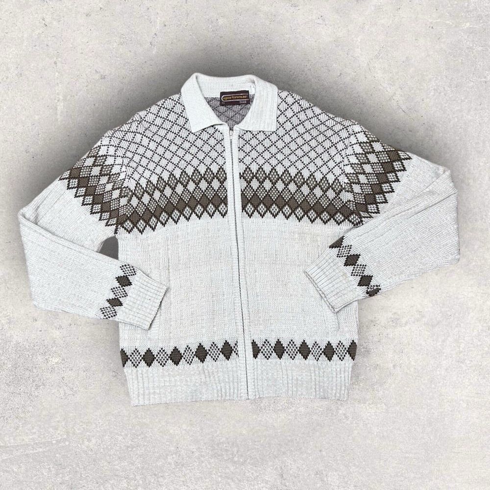 VTG 70S‎ SEARS MENS SPORTSWEAR Fits Large ACRYLIC FULL ZIP IVORY CARDIGAN